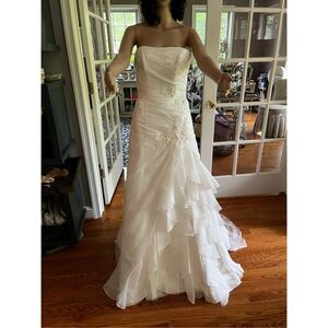 Luna Novias Strapless Wedding Dress Organza Pick Up Column Lace Appliqué Mermaid